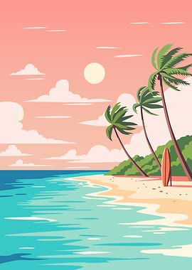 Tropical Beach Sunset with Palm Trees