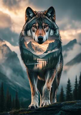 Wolf with Mountain Landscape Overlay