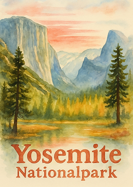 Yosemite National Park Vintage Watercolor Travel Poster