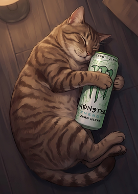 Cat hugging Monster Energy can
