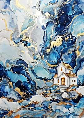 Dream House in Blue Gold – Abstract Luxury Home Landscape Art