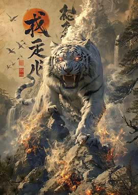 Fierce White Tiger with Fiery Aura