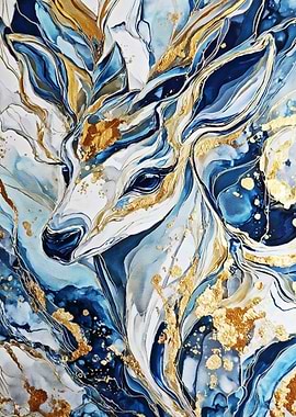 Golden Spirit Deer – Blue & Gold Abstract Wildlife Luxury Art