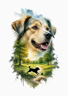 Dog in a park watercolor double expossure