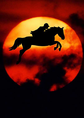 Equestrian Jumping Silhouette Against Sunset