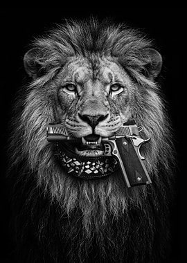 Lion with Gun and Spiked Collar poster