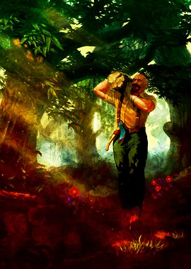 Lumberjack carrying a log in a forest