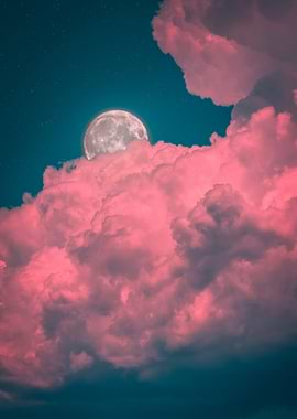 Moon Over Pink Clouds Poster – Dreamy Aesthetic Wall Art, Pastel Night Sky Print, Celestial Bedroom Decor