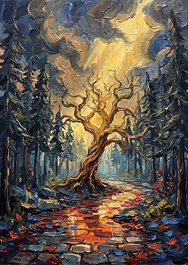 Enchanted Forest Tree with Sunbeams