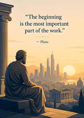 Plato overlooking a cityscape