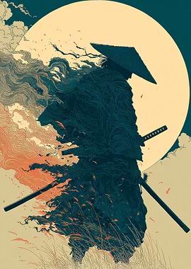 Samurai Warrior Silhouette Against Moon