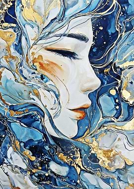 Ethereal Blue Beauty – Abstract Woman Portrait in Gold Flow