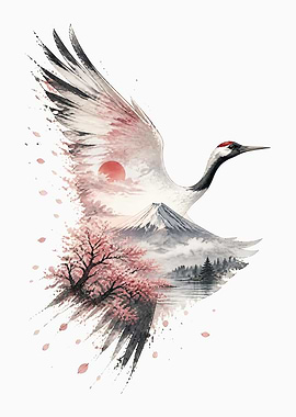 Red Crowned Crane and Mount Fuji