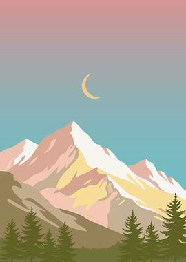 Mountain Landscape with Crescent Moon