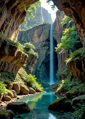Majestic Waterfall in a Lush Canyon