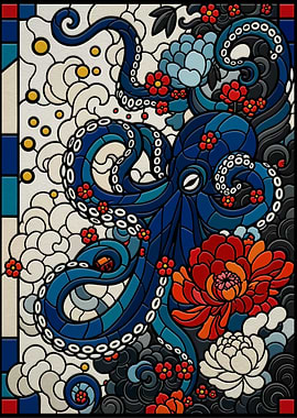 Blue Octopus with Flowers Stained Glass