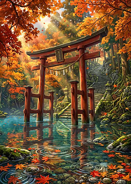 Autumn Torii Gate in Water