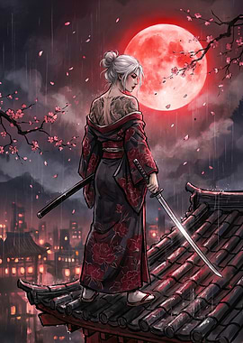 Samurai Woman Under Red Moon