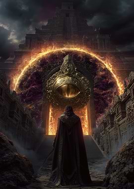 Mysterious Figure at Fiery Portal