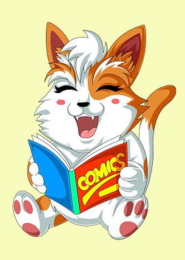 Cute Cat Reading a Comic Book