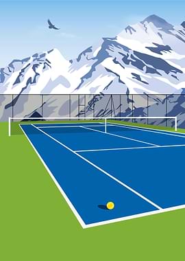 Tennis court with mountains and eagle