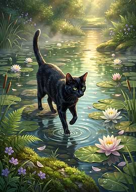 Black Cat Walking on Lily Pads