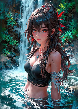 Anime Girl by Waterfall