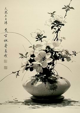 Japanese Ink Painting of Cherry Blossoms in a Vase
