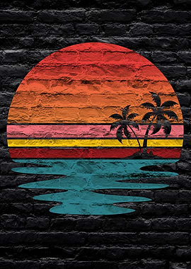 Retro Sunset Palm Trees Metal Displate Artwork on a dark Brick Wall