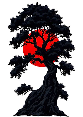 Black Bonsai Tree and Red Sun