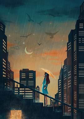Girl with Umbrella in Rainy City