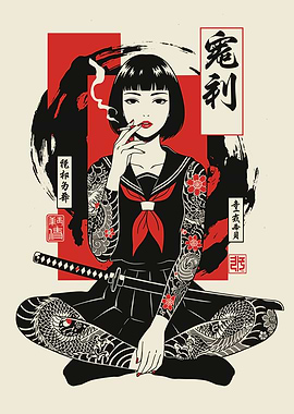 Yakuza Schoolgirl with Katana and Tattoos
