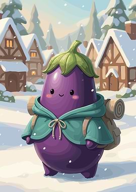 Cute Eggplant Character in Winter Village