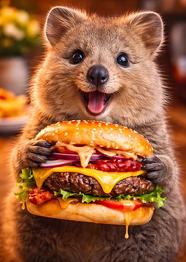 Quokka holding a large burger