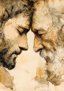 Two Men Touching Foreheads Watercolor