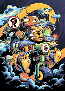 Monkey Riding a Tricycle with Futuristic Elements