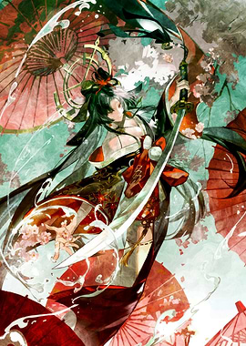 Samurai Woman with Swords and Umbrellas