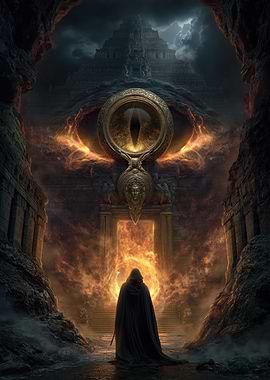 Mysterious Figure Approaches Fiery Portal