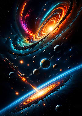 Cosmic Galaxy with Planets and Nebulae