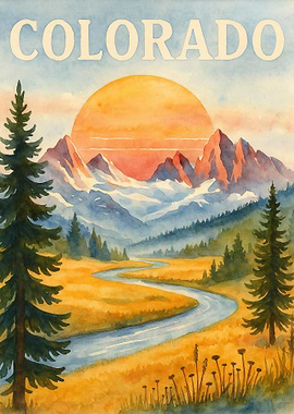 Colorado Sunset Valley – Vintage Watercolor Travel Poster