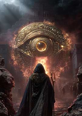 Mysterious Figure Before Fiery Eye Portal