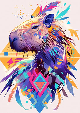 Vibrant Capybara with Feathers and Geometric Patterns