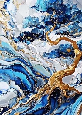 Golden Tree of Life – Abstract Blue & Gold Nature Art