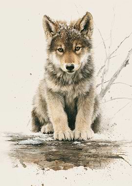 Fluffy Wolf Pup Watercolor Painting