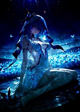 Anime Girl with Blue Hair and Butterflies
