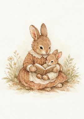 Vintage Mom and Baby Rabbit Reading Nursery