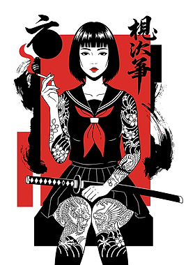 Tattooed Japanese Schoolgirl with Katana