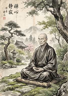 Zen Monk Meditating in Garden