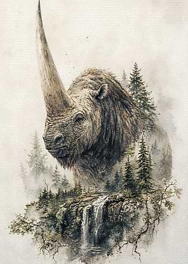 Woolly Rhinoceros in Misty Forest