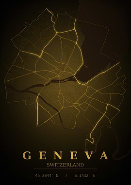 Geneva Gold City Map — Switzerland Night Travel Poster